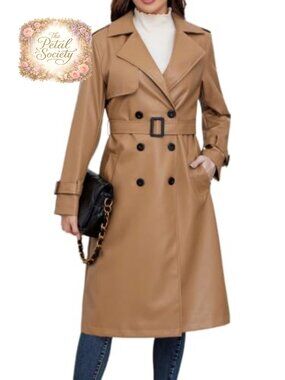 Faux Leather Trench Coat Double Breasted Belted Long Jacket
